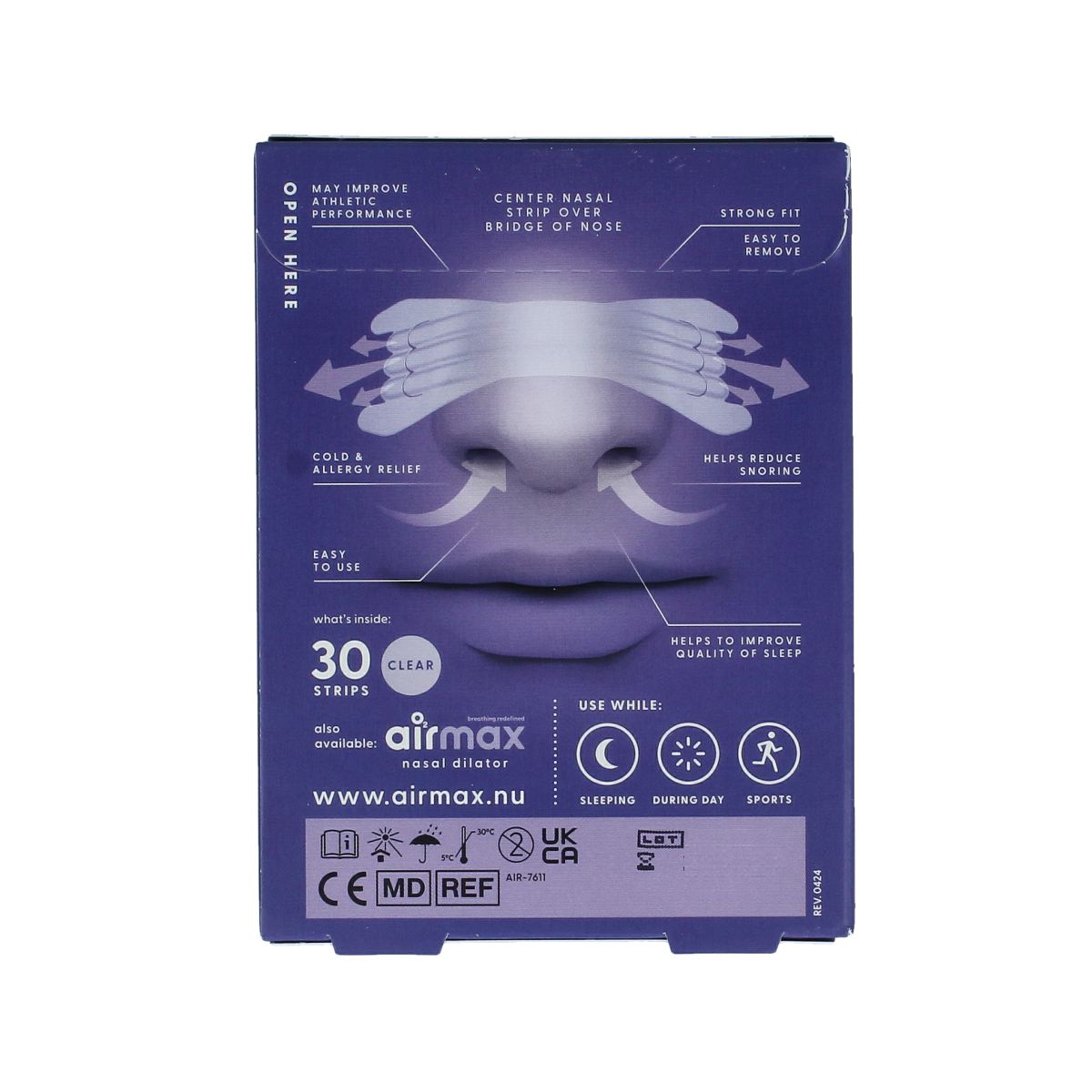 Clear Airmax nasal strips for nasal care and inhalation, showing 30 strips in the package.