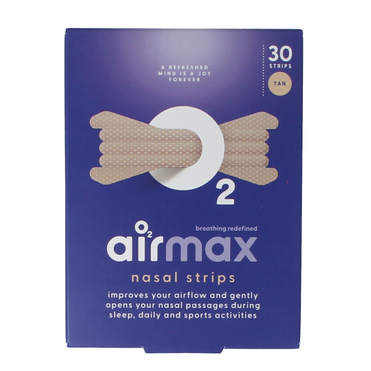 Airmax nasal strips in tan color, 30-piece pack, for nasal care and inhalation, shown on white background.