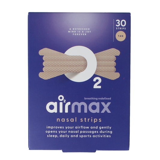 Airmax nasal strips in tan color, 30-piece pack, for nasal care and inhalation, shown on white background.