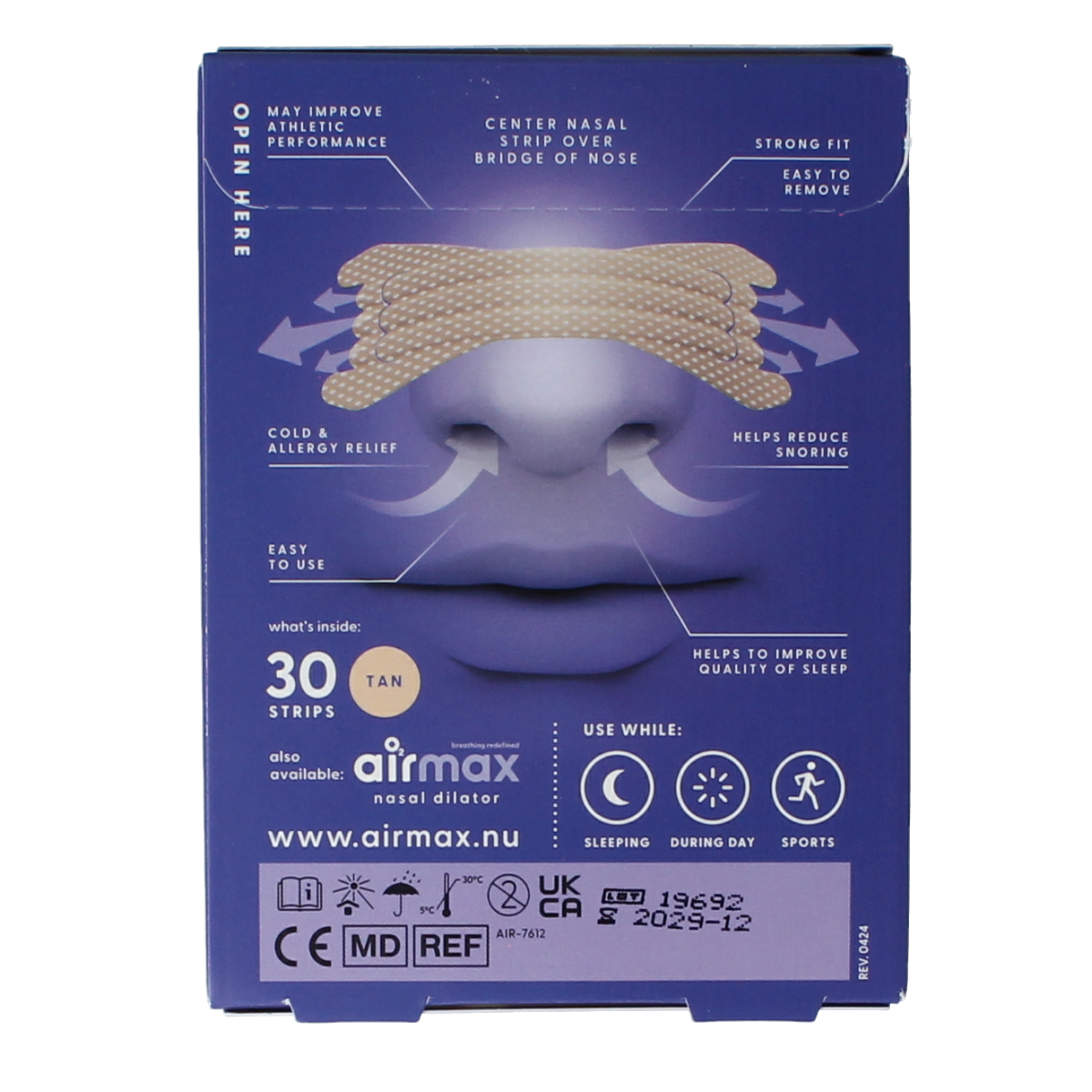 Airmax nasal strips in tan, 30-pack, for nasal care and breathing improvement, shown on the product packaging.