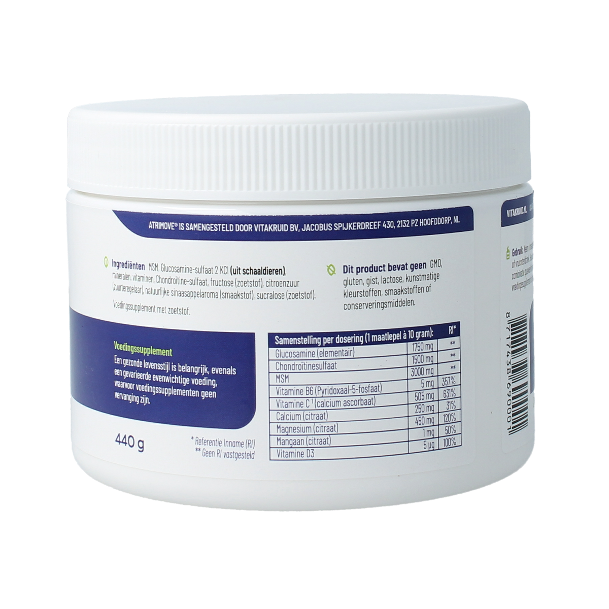 Vitakruid Atrimove Glucosamine Chondroitine MSM complex supplement in a 440g container, featuring mineral blend for joint health.