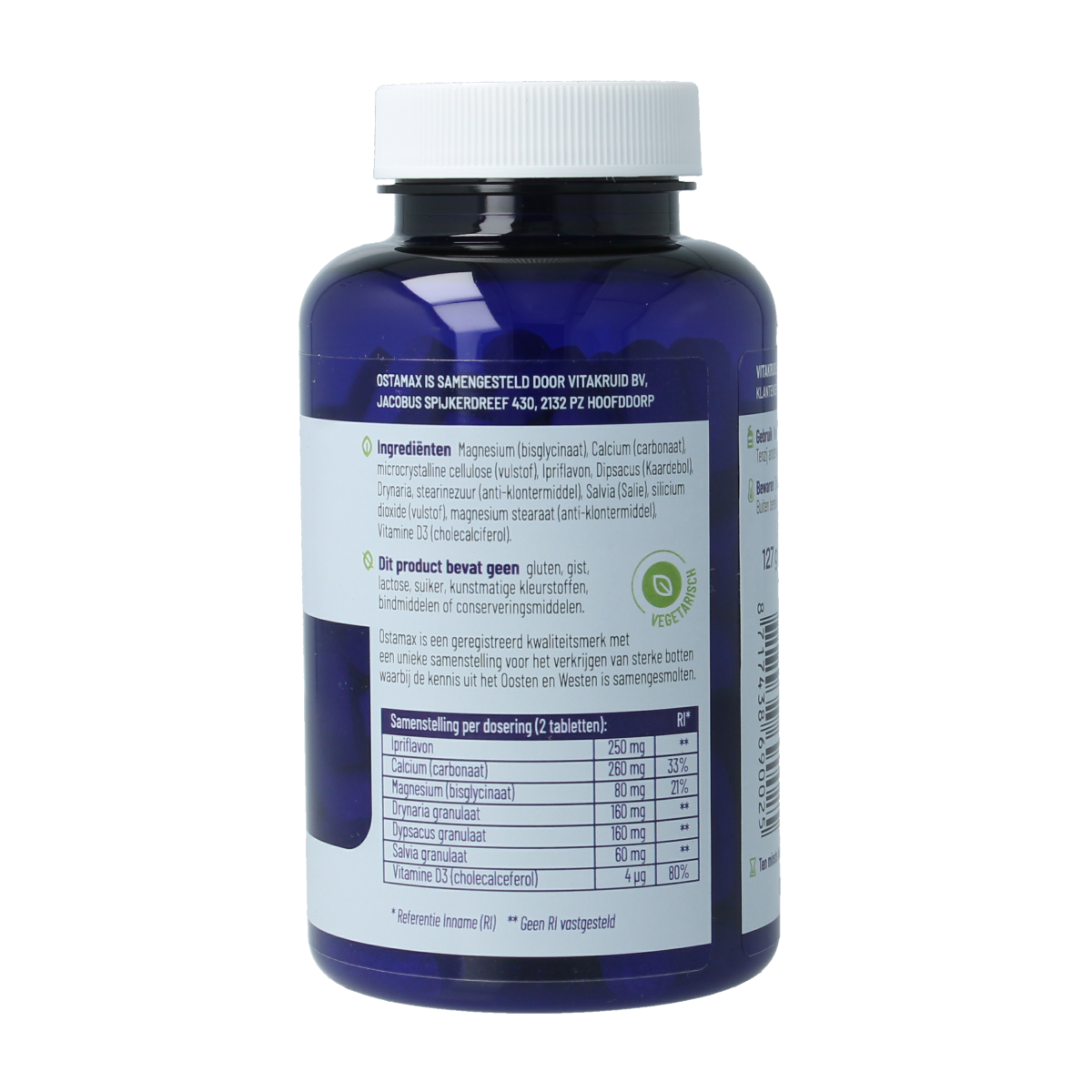 Vitakruid Ostamax mineral supplement bottles with calcium and magnesium tablets, showing the product packaging and tablets.
