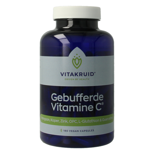 Vegetarische capsules van Vitakruid met gebufferde vitamine C, Zink, OPC en Quercetine, voor ondersteuning van het immuunsysteem.