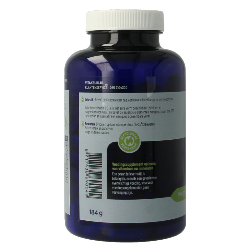 Vegetarische capsules van Vitakruid met gebufferde vitamine C, zink, OPC en quercetine in een doos met 180 capsules