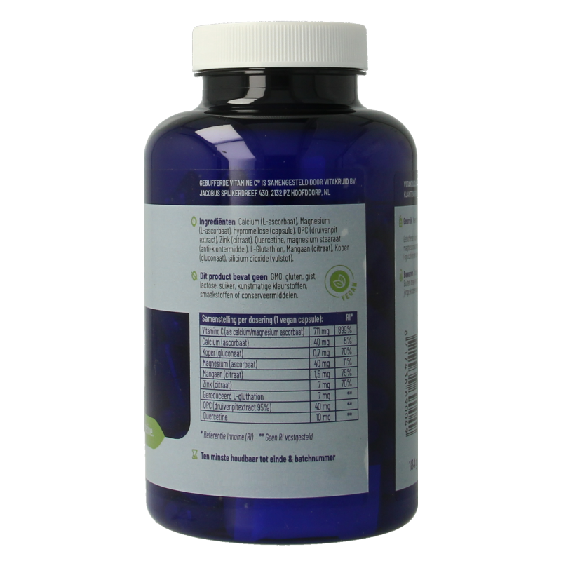 Bottle of Vitakruid buffered vitamin C capsules with zinc, OPC, and quercetin, containing 180 vegetarian capsules.