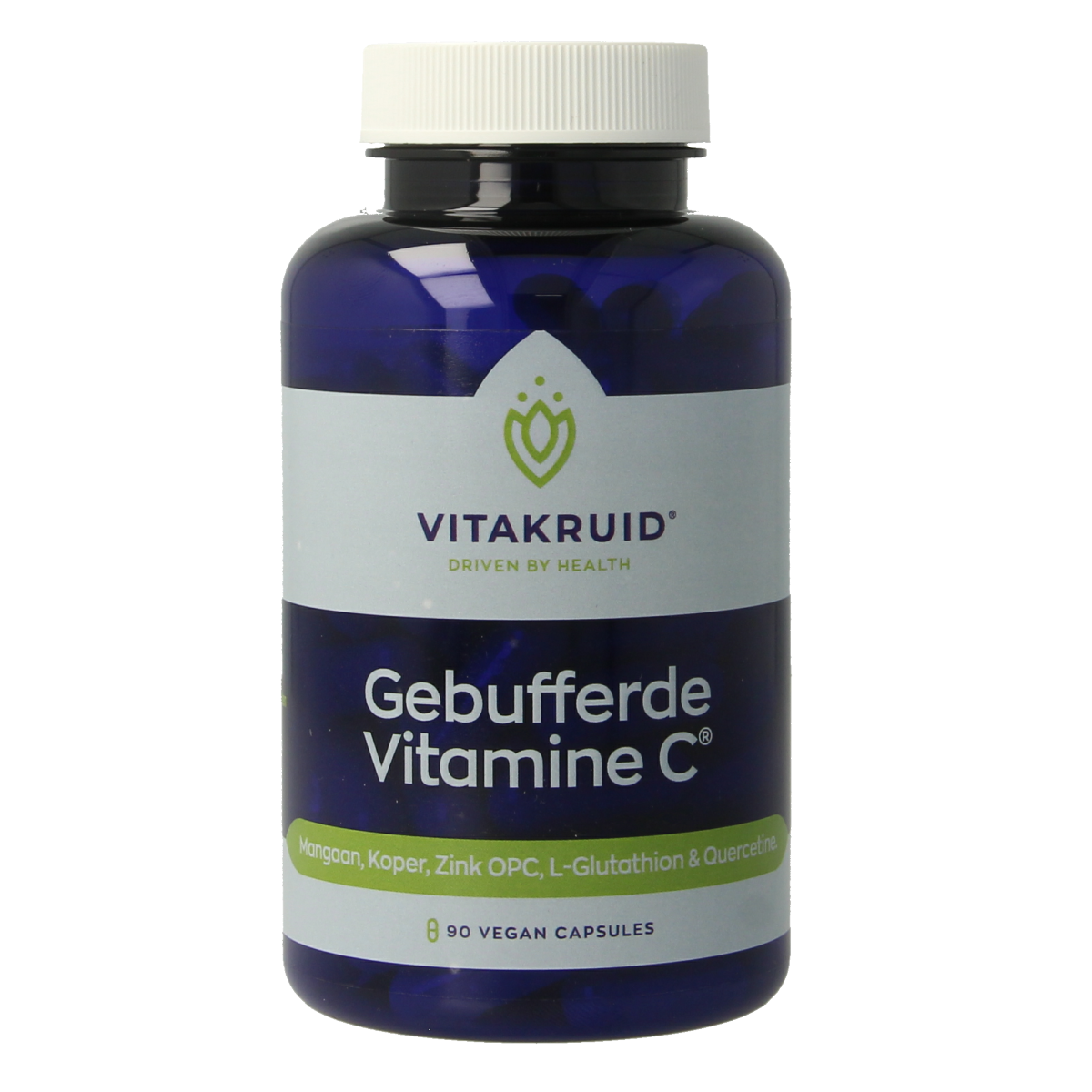 Vegetarian capsules of Vitakruid buffered vitamin C with zinc, OPC, and quercetin in a transparent bottle with a white cap