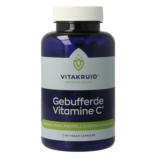 Vegetarian capsules of Vitakruid buffered vitamin C with zinc, OPC, and quercetin in a transparent bottle with a white cap