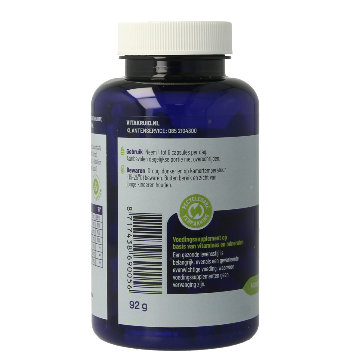Vegetarian capsules of Vitakruid buffered vitamin C with zinc, OPC, and quercetin, in a clear container.