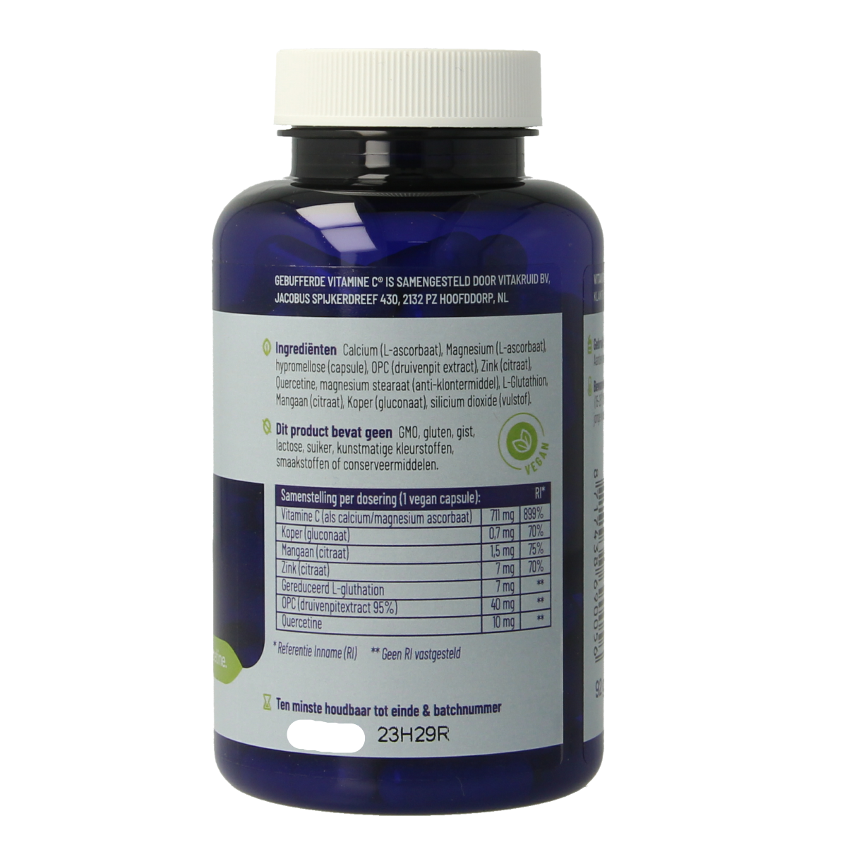 Vegetarian capsules of Vitakruid buffered vitamin C with zinc, OPC, and quercetin, displayed in a clear container.
