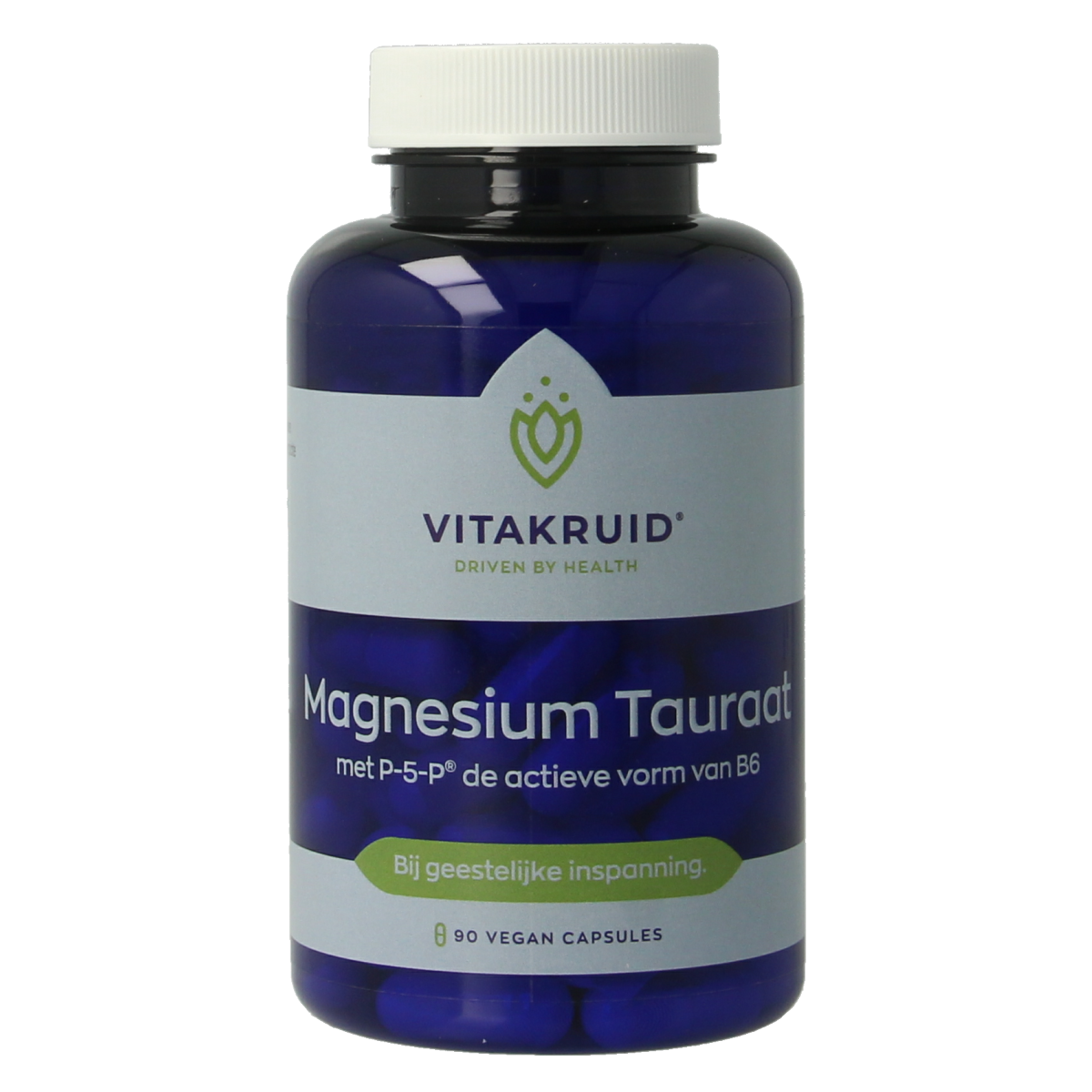 Bottle of Vitakruid Magnesium Tauraat with Vitamin B6 vegetarian capsules, showing the supplement's label and capsules inside the bottle.