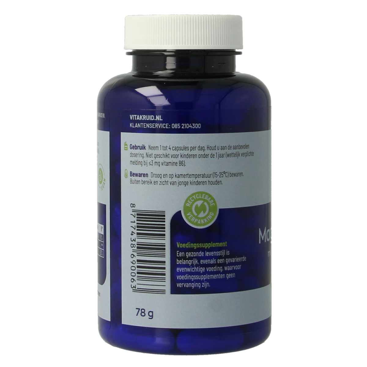 Vegetarian capsules of Vitakruid Magnesium Tauraat with Vitamin B6 (P-5-P) in a clear container, close-up of the supplement capsules.