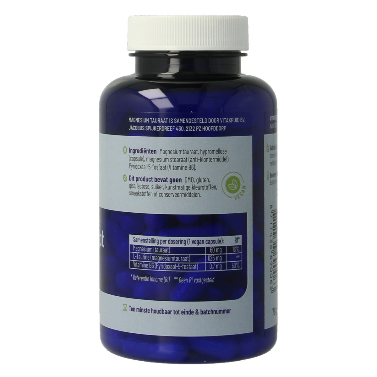 Vegetarische Vitakruid Magnesium Tauraat capsules met vitamine B6 (P-5-P) voor spierontspanning en energiebalans, verpakt in een pot.
