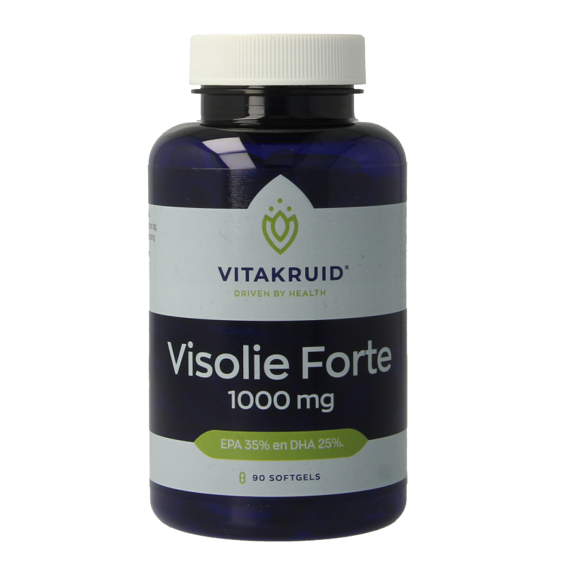 Bottle of Vitakruid Visolie Forte 1000 TG softgels containing omega-3 fatty acids, with a label showing product details.