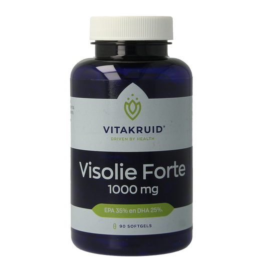 Bottle of Vitakruid Visolie Forte 1000 TG softgels containing omega-3 fatty acids, with a label showing product details.
