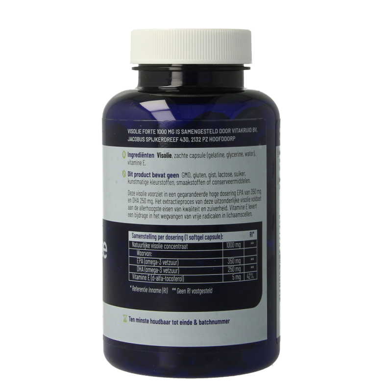 Vitakruid Visolie Forte 1000 TG softgels containing omega-3 fatty acids, yellow softgel capsules on a white background.