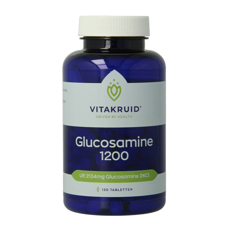 Bottle of Vitakruid Glucosamine sulfaat 2 KCI 1200mg mineral tablets, showing 120 tablets in the container.