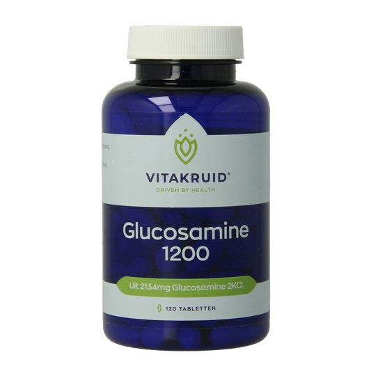 Bottle of Vitakruid Glucosamine sulfaat 2 KCI 1200mg mineral tablets, showing 120 tablets in the container.