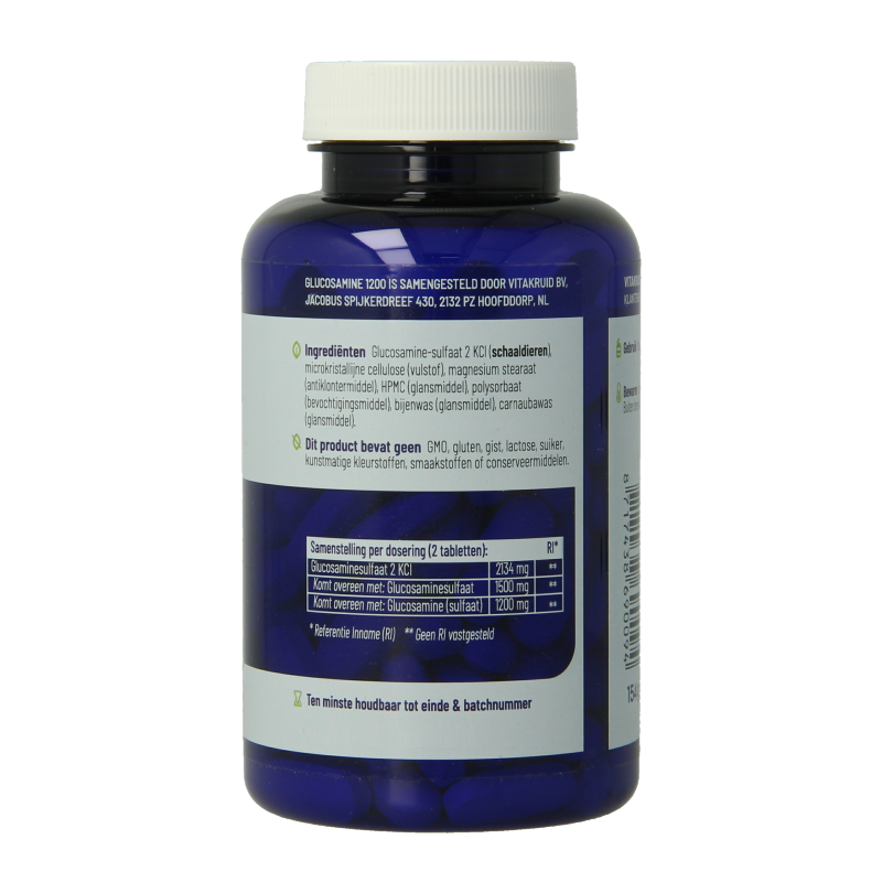 Vitakruid Glucosamine sulfaat 2 KCI mineral supplement, 120 tablets, showing the supplement bottle and label details.