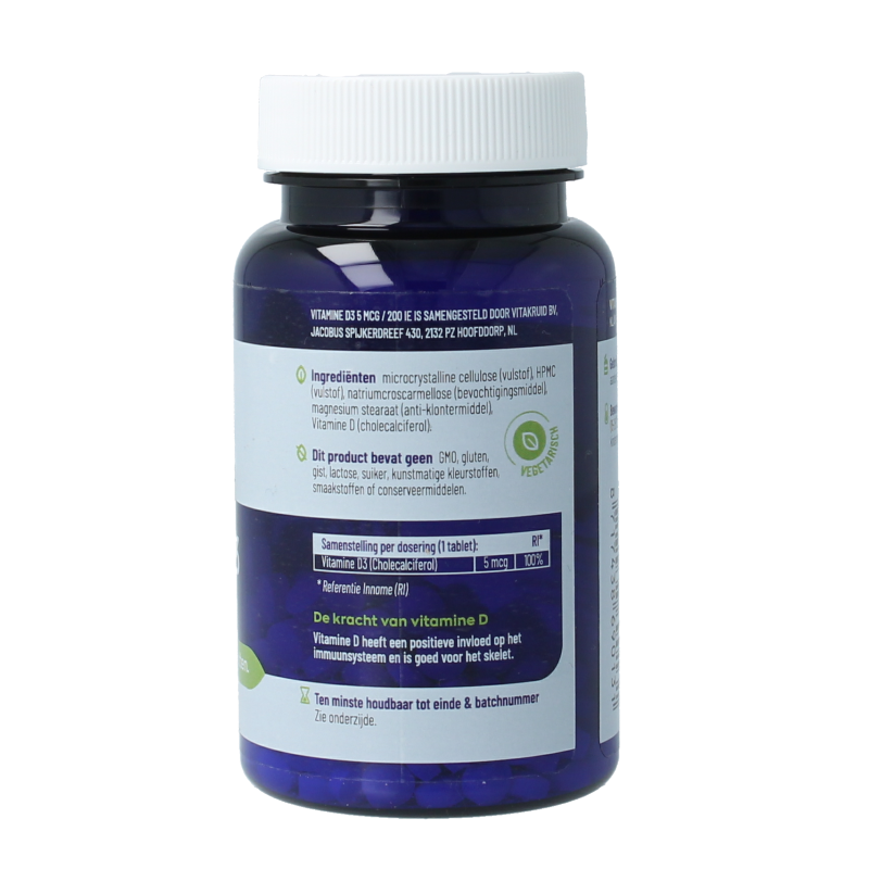 Vitakruid Vitamin D3 5 mcg (200 IU) supplement in a bottle of 240 tablets, showing the vitamin D3 tablets inside the container.