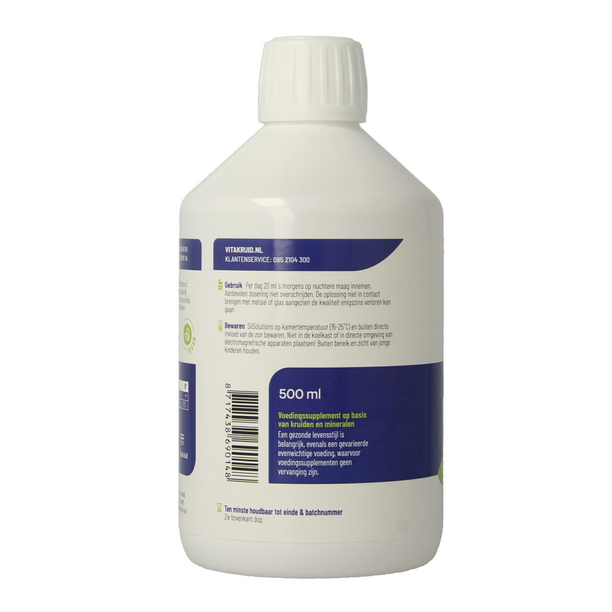 Bottle of Vitakruid SilSolutions mineral supplement in 500ml container, with label showing product details.
