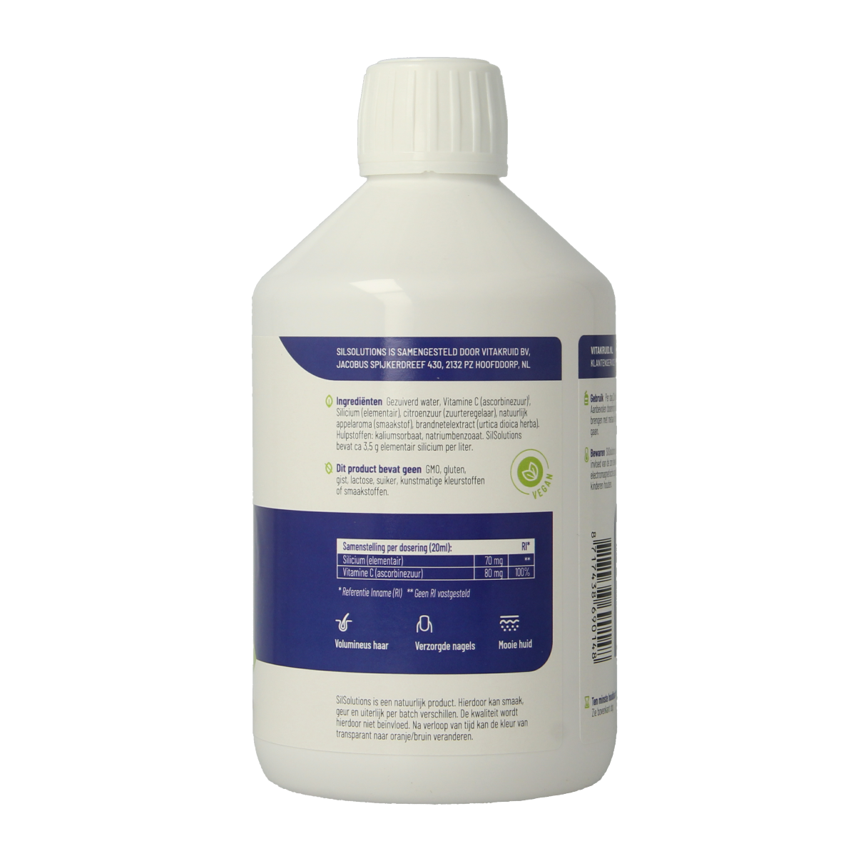 Bottle of Vitakruid SilSolutions mineral supplement in 500ml container, with colorful label and cap, for plant nutrition.