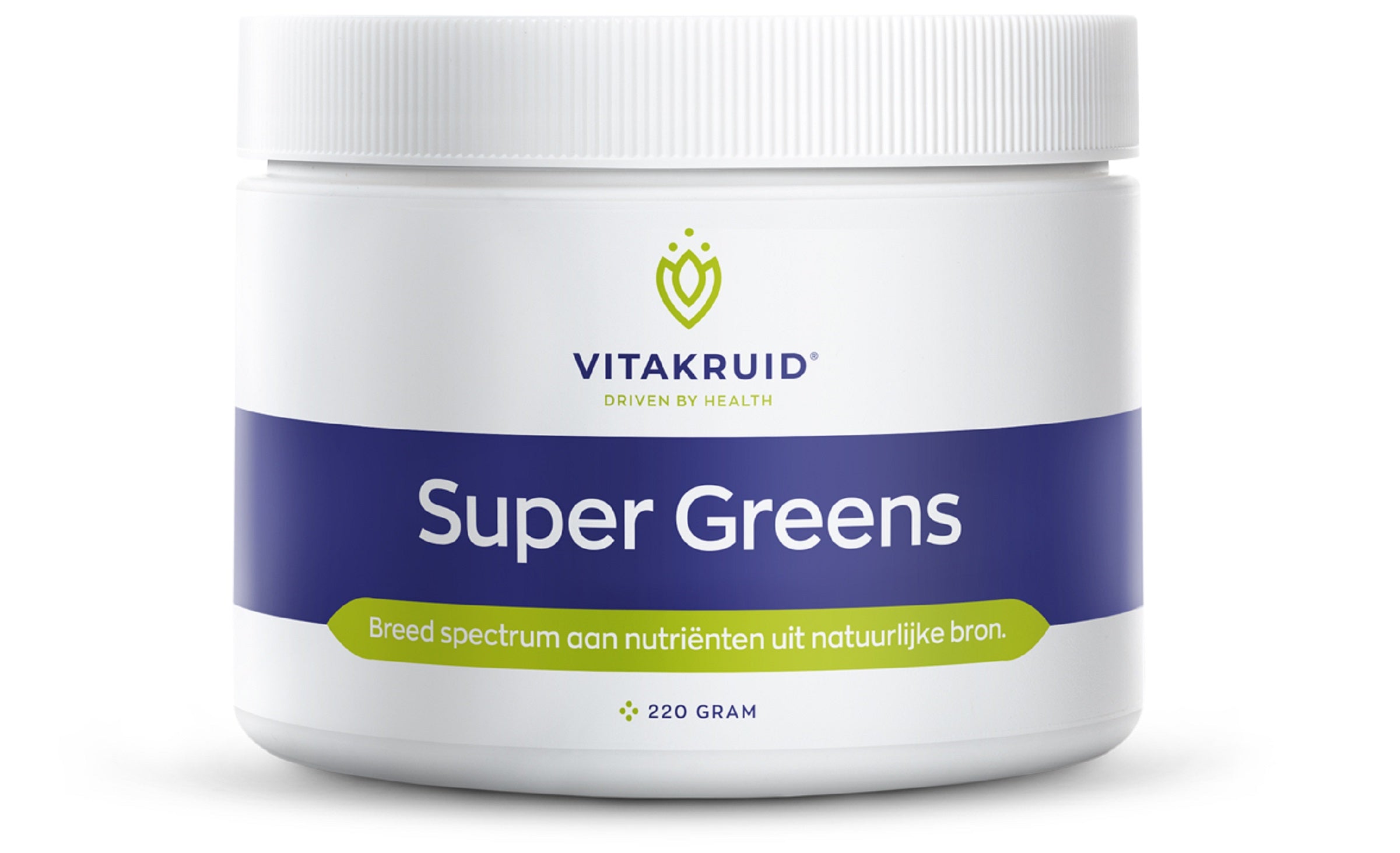 Vitakruid Super Greens herbal supplement with probiotics and enzymes, 220g container of green powder with leafy greens and nutrients.