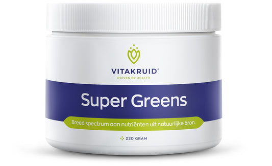 Vitakruid Super Greens herbal supplement with probiotics and enzymes, 220g container of green powder with leafy greens and nutrients.