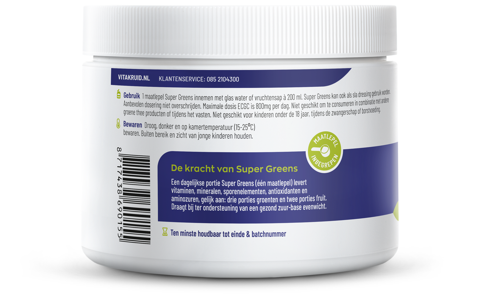 Vitakruid Super Greens supplement with 25 nutrients, probiotics, and enzymes in a 220g container, featuring green powdered herbs.