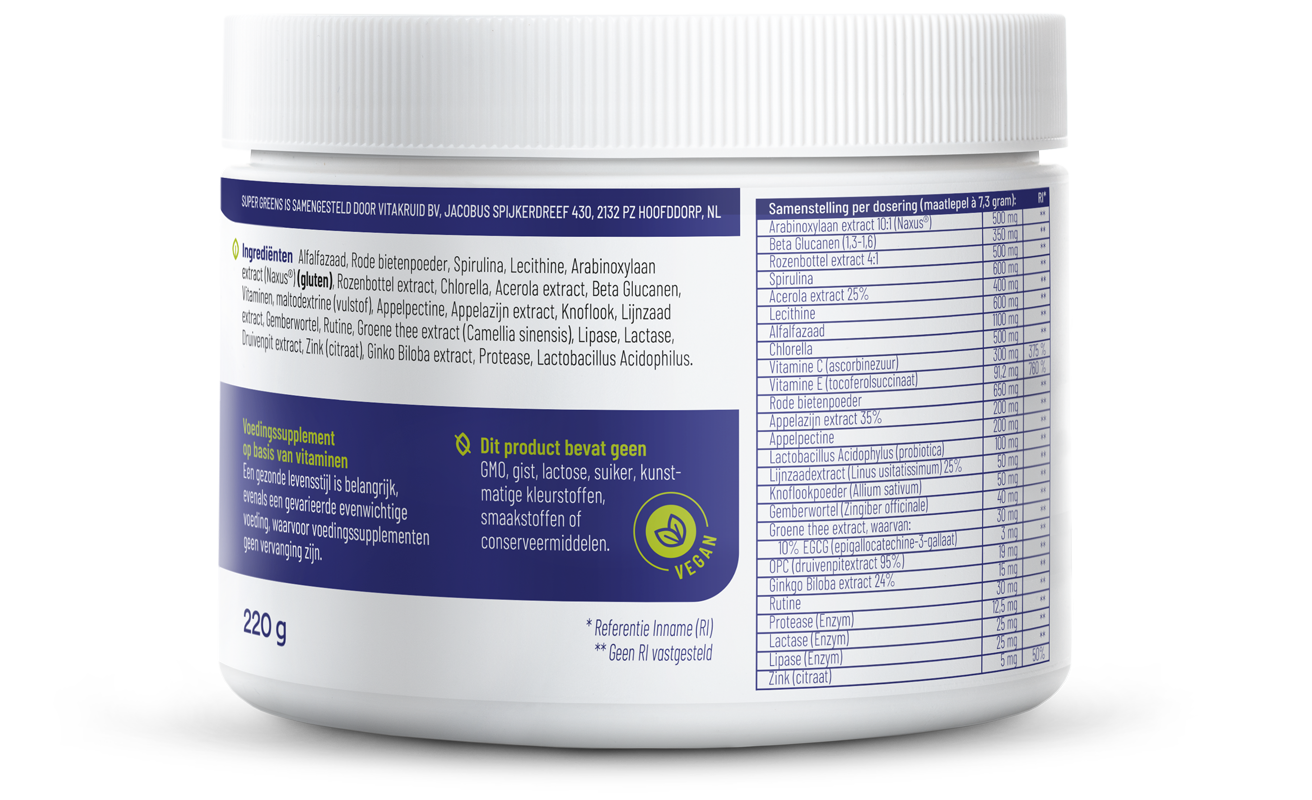 Vitakruid Super Greens herbal supplement with probiotics and enzymes, 220g, showing a green powder in a jar.