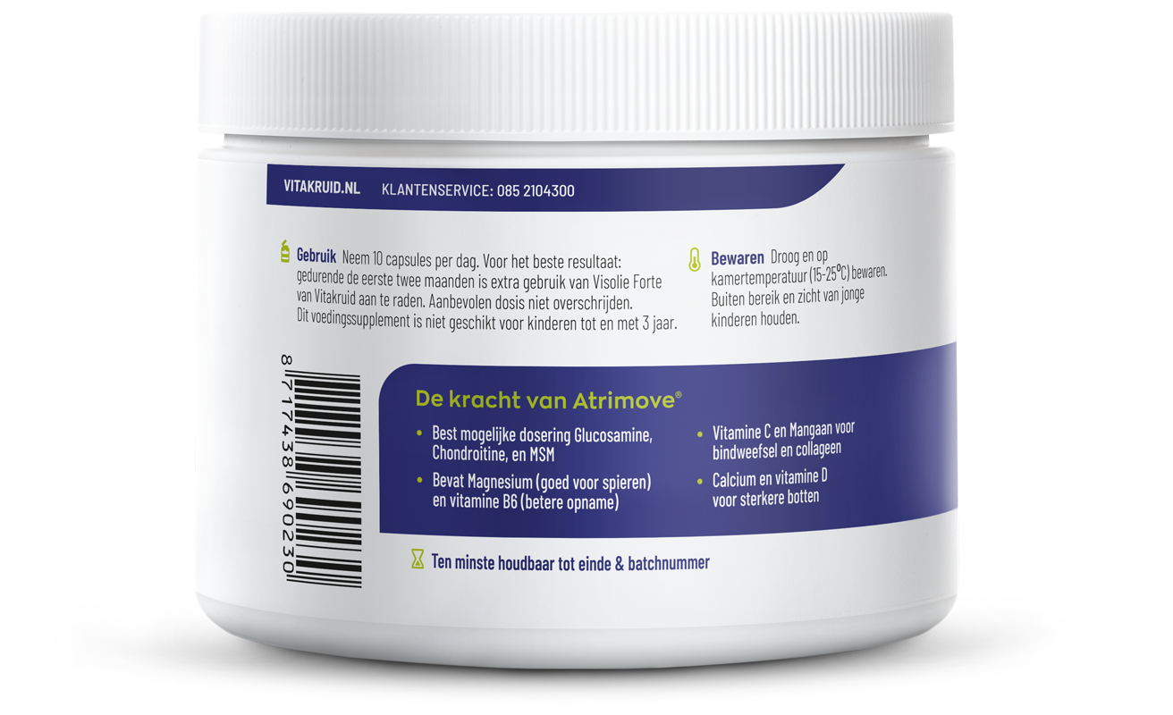 Bottle of Vitakruid Atrimove Glucosamine Chondroitine MSM complex capsules, dietary supplement for joint support, 300 capsules.