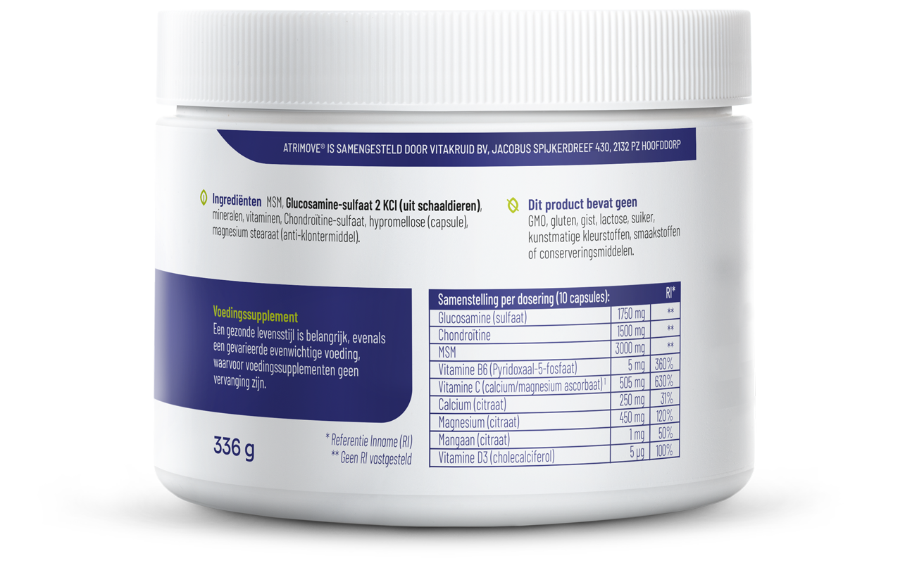 Vitakruid Atrimove Glucosamine Chondroitine MSM complex mineral supplement in a bottle of 300 capsules.
