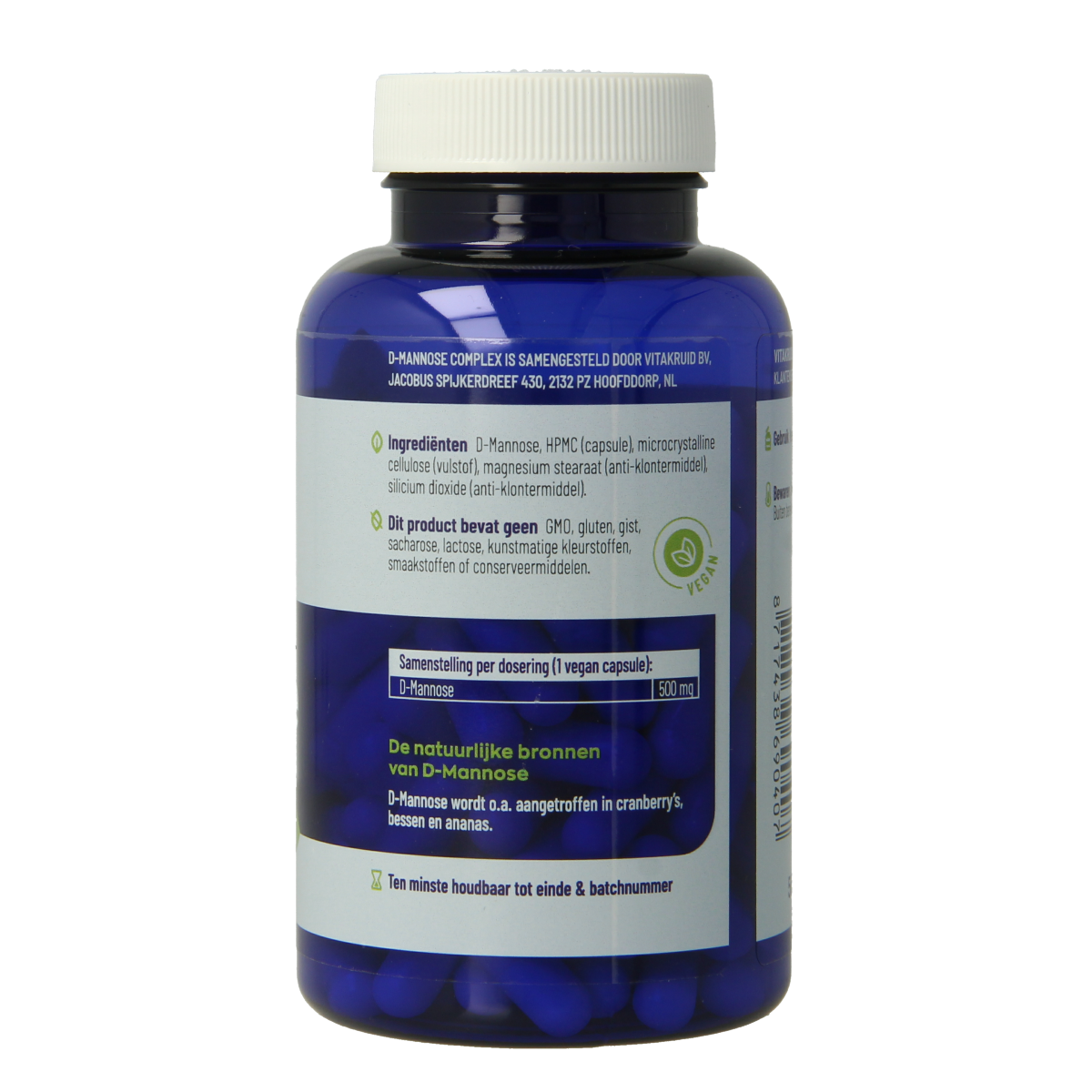 Vitakruid D-Mannose cranberry herbal capsules, vegetarian supplement in a clear bottle with a white cap.