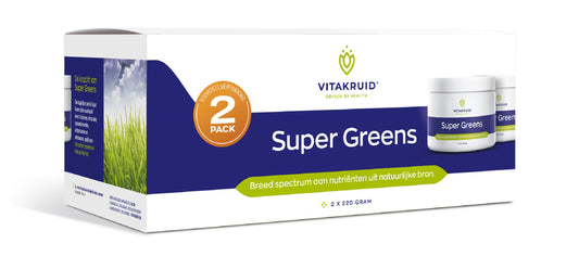 Two Vitakruid Super Greens herbal supplements with probiotics and enzymes in a 2-pack, featuring green capsules and packaging.