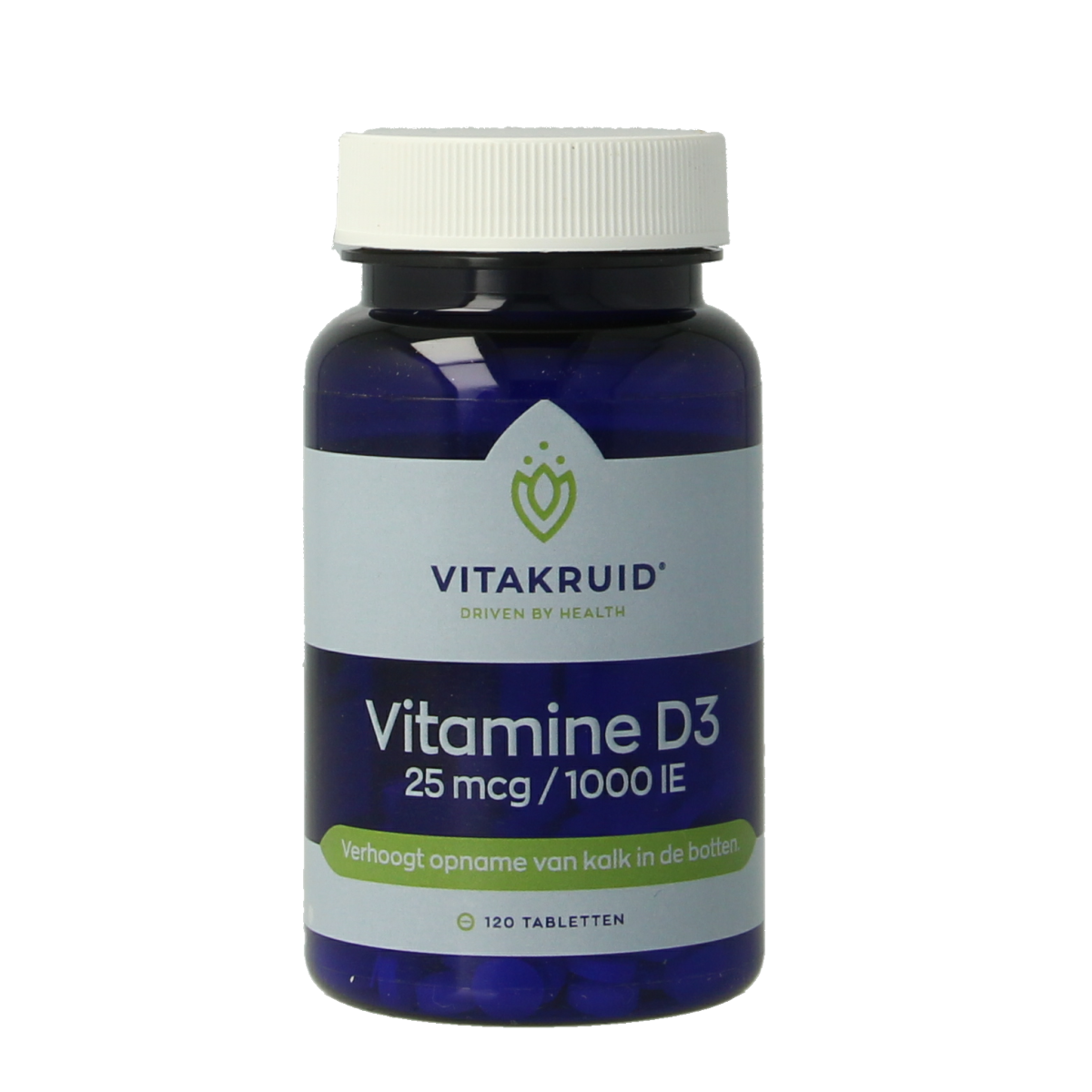 Vitamin D3 25 mcg (1000 IU) supplement by Vitakruid, showing a bottle of 120 tablets for daily vitamin D intake.