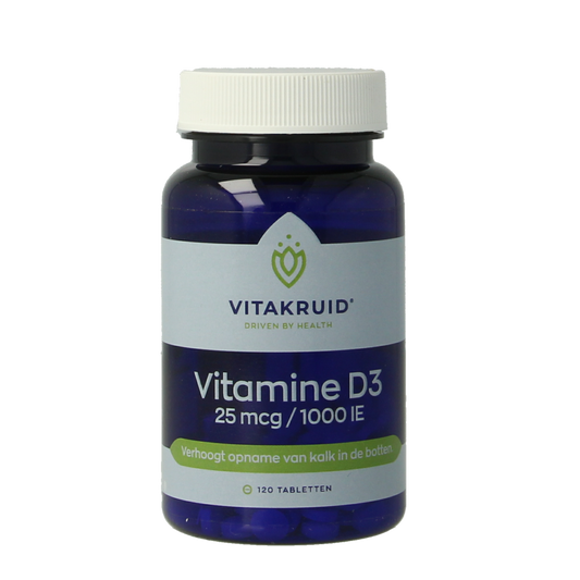 Vitamin D3 25 mcg (1000 IU) supplement by Vitakruid, showing a bottle of 120 tablets for daily vitamin D intake.