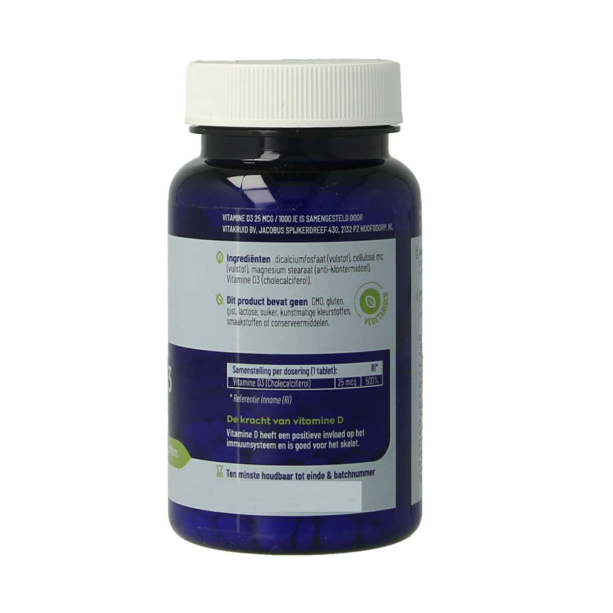 Vitakruid Vitamine D3 25 mcg (1000 IE) supplement in a bottle with 120 tablets, showing the packaging and tablets inside.
