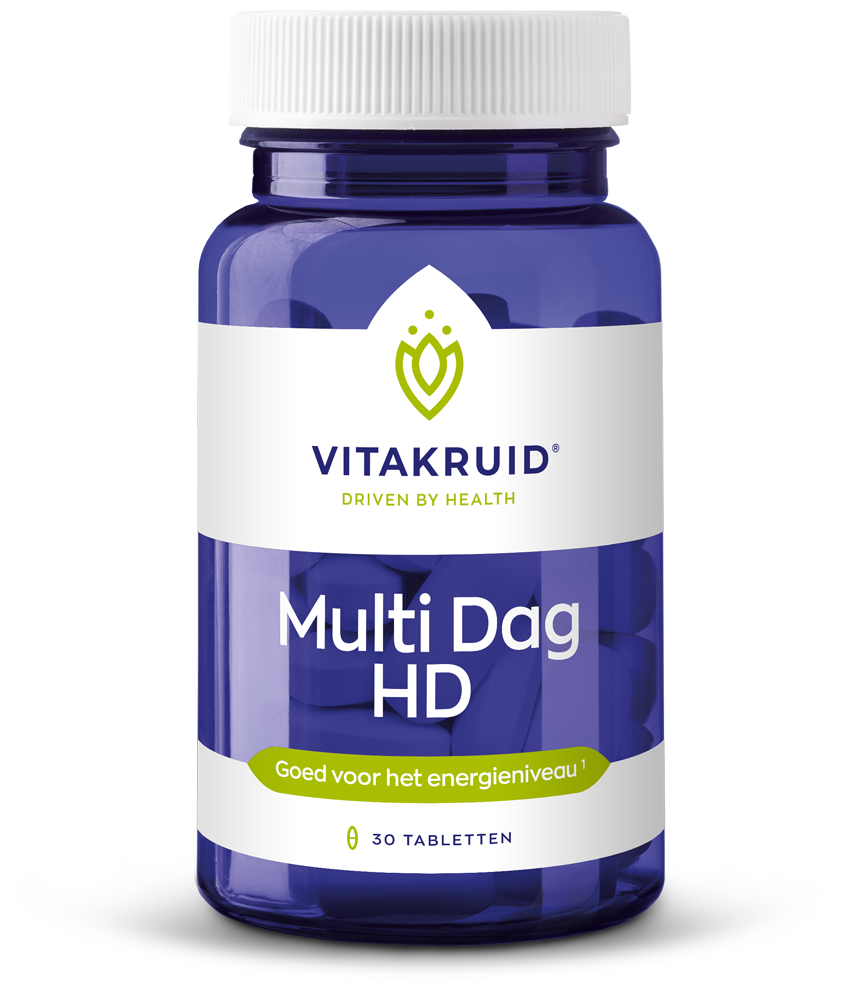 Vitakruid Multi Dag HD 100% Vegan multivitamine in a bottle with 30 tablets, featuring colorful tablet images on the label.