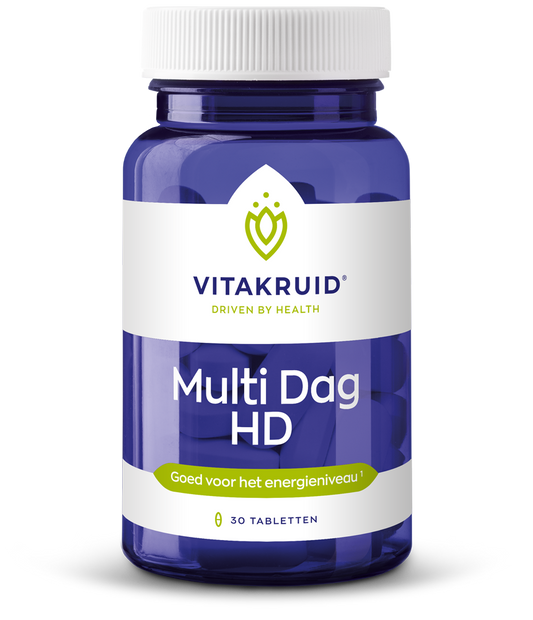 Vitakruid Multi Dag HD 100% Vegan multivitamine in a bottle with 30 tablets, featuring colorful tablet images on the label.