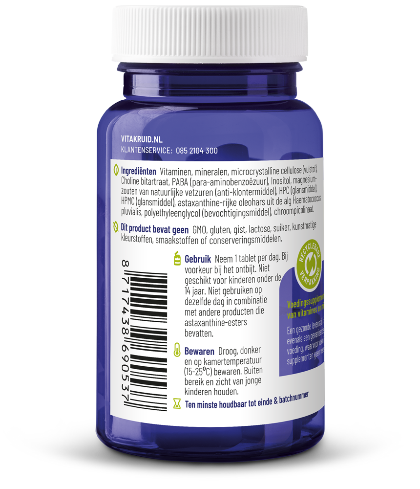 Vitakruid Multi Dag HD 100% vegan multivitamin tablets in a blister pack, dietary supplement for daily health.