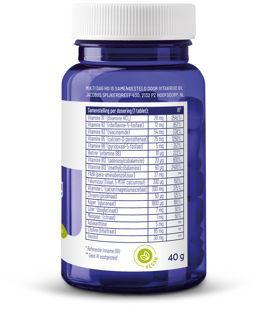 Vitakruid Multi Dag HD 100% vegan multivitamin tablets, dietary supplement for daily health support.