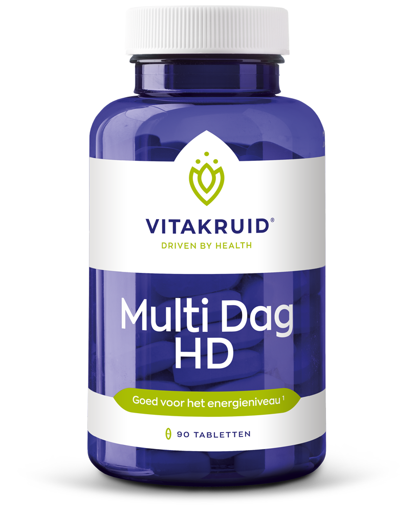 VitaKruid Multi Dag HD vegan multivitamin tablets in a bottle, 90 vegan supplement tablets for daily nutritional support