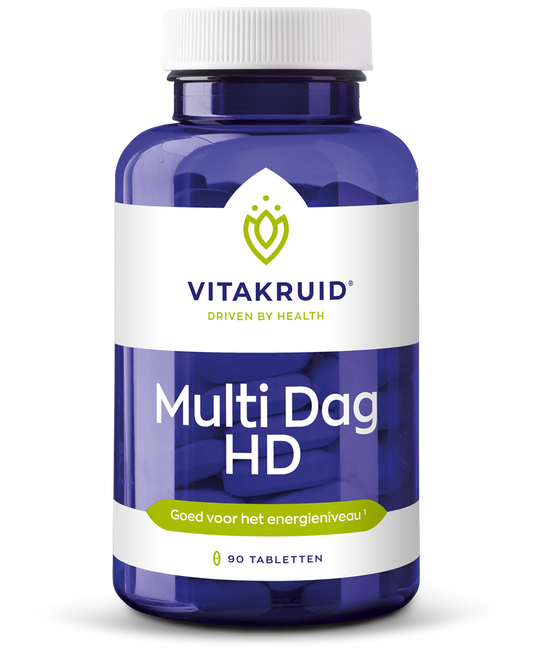 VitaKruid Multi Dag HD vegan multivitamin tablets in a bottle, 90 vegan supplement tablets for daily nutritional support