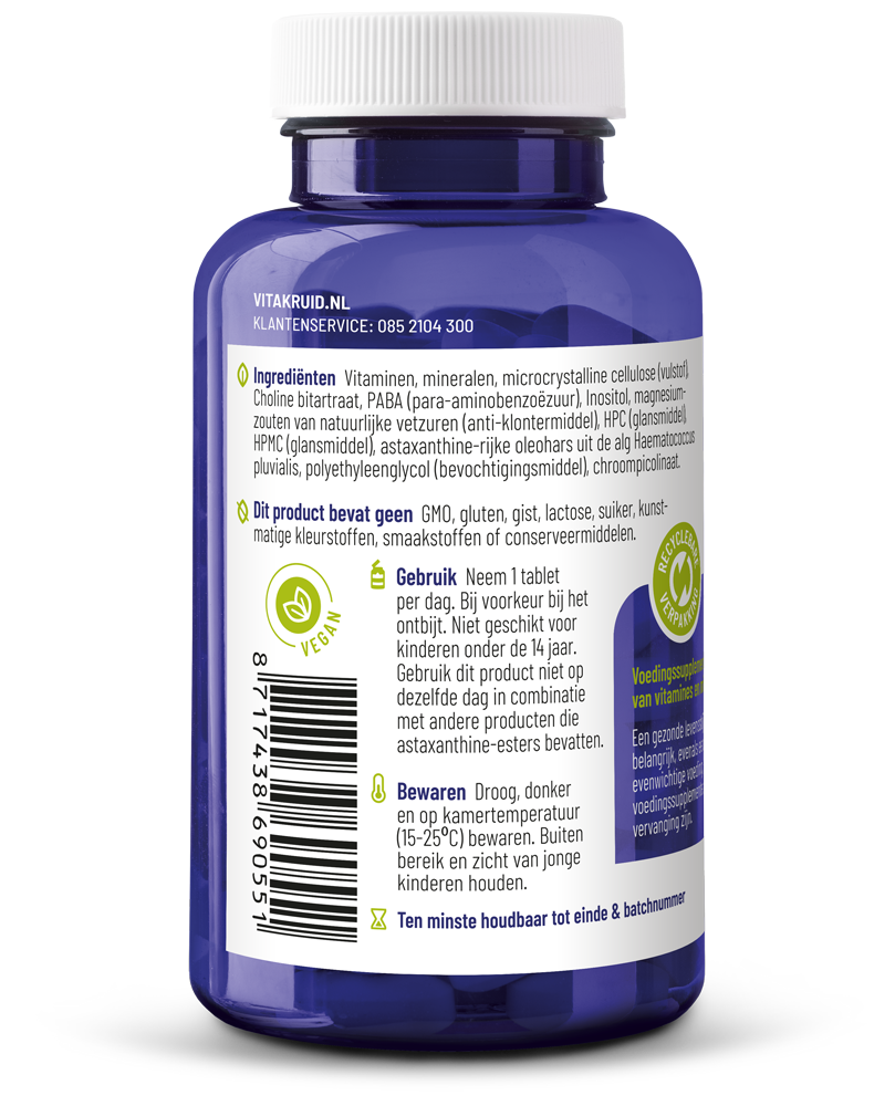 Bottle of Vitakruid Multi Dag HD 100% Vegan multivitamin tablets, dietary supplement in a white container.