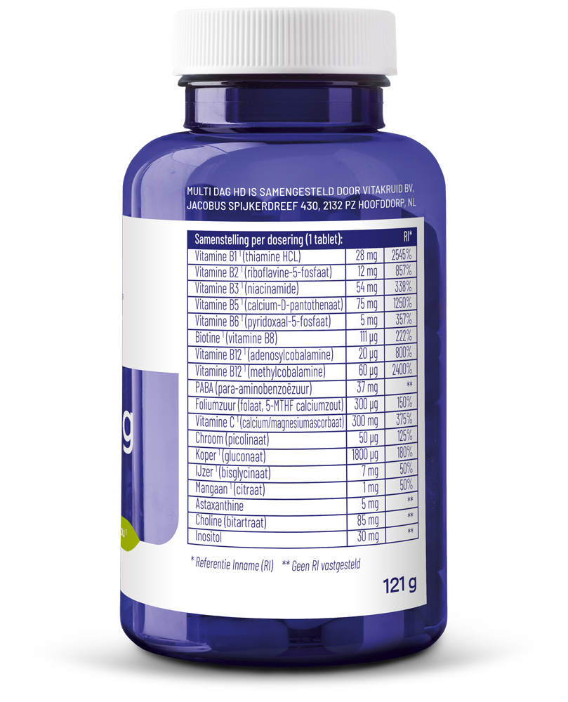 Vitakruid Multi Dag HD 100% vegan multivitamin tablets in a blister pack, designed for daily nutritional support.