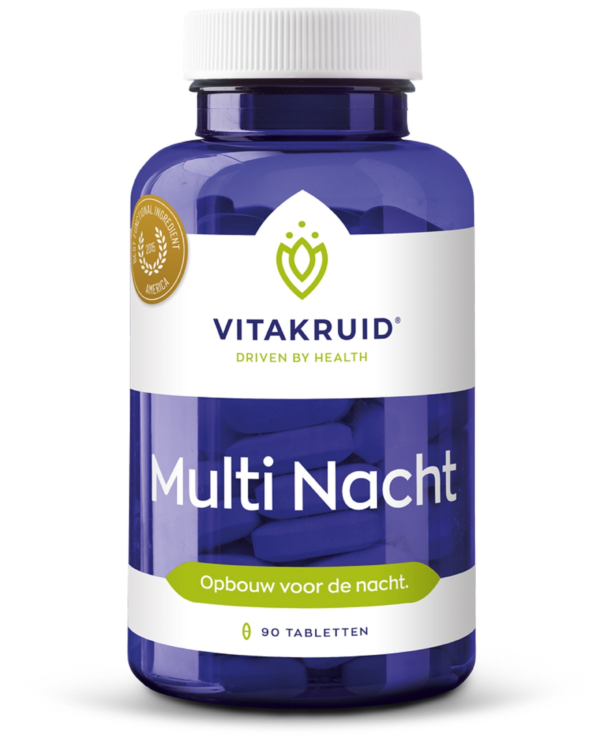 Vitakruid Multi Nacht vegan multivitamin tablets in a bottle, dietary supplement for nighttime health support.