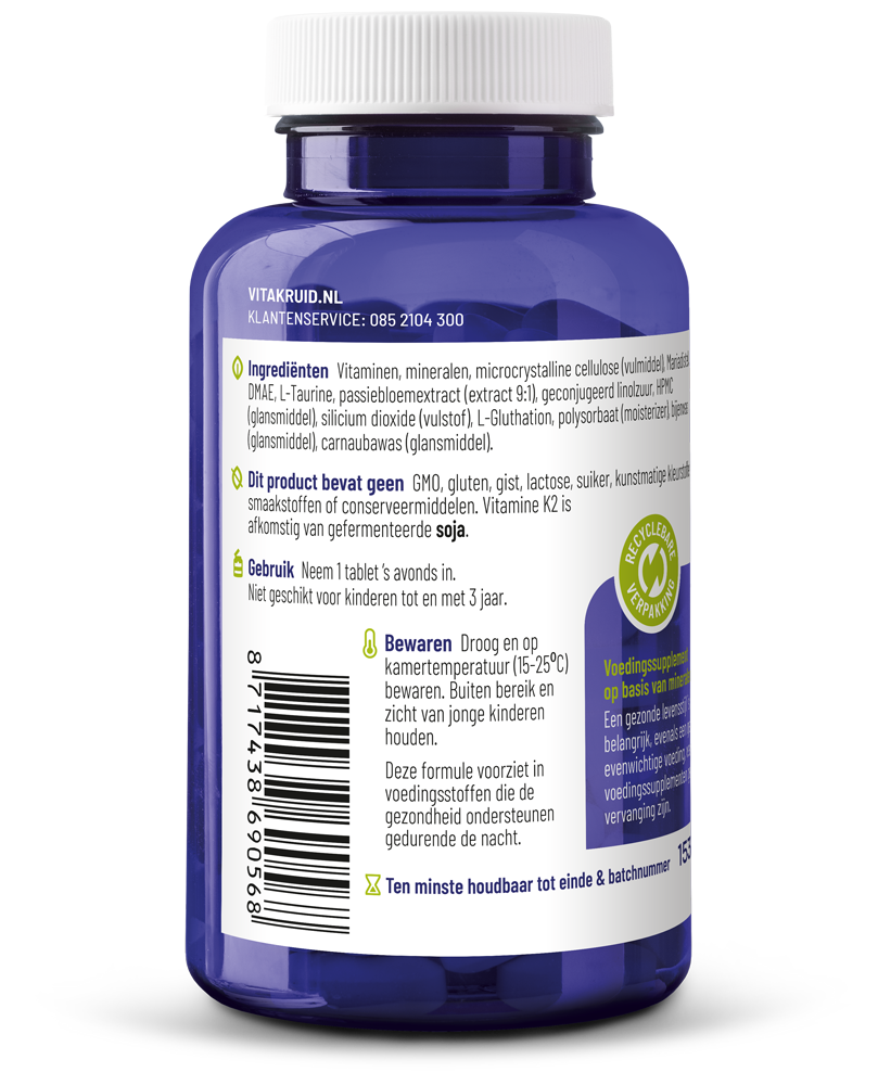 Vitakruid Multi Nacht vegan multivitamin tablets in a bottle, showing the product label and packaging.