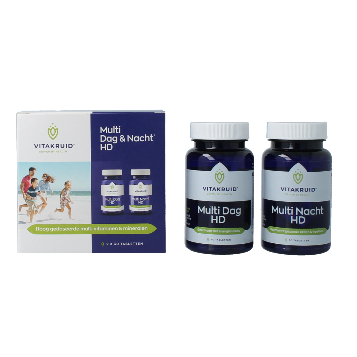 Vitakruid Multi Dag & Nacht HD multivitamin tablets, 2 x 30 count, dietary supplement for daily health support.