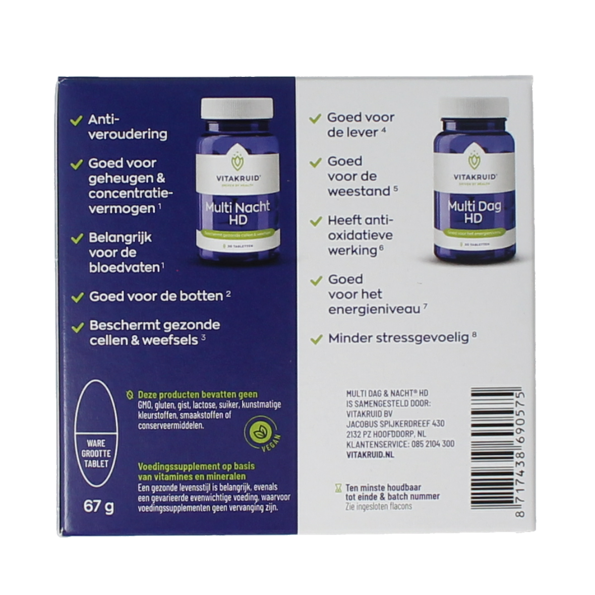 Bottle of Vitakruid Multi Dag & Nacht HD vitamins with 60 tablets in a white container, labeled with product details.