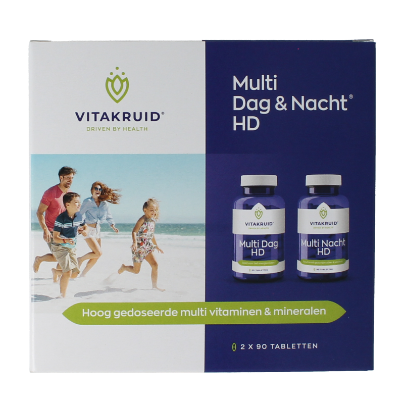 Vitakruid Multi Dag & Nacht HD multivitamin tablets, 2 x 90 count, showing the supplement packaging and tablets inside the bottle.