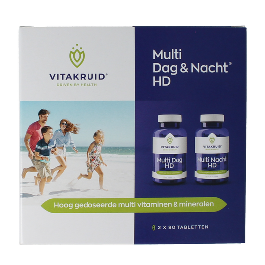 Vitakruid Multi Dag & Nacht HD multivitamin tablets, 2 x 90 count, showing the supplement packaging and tablets inside the bottle.